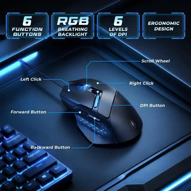 Alt view image 3 of 7 - Wired Gaming Mouse, 7200 DPI, 6 Programmable Buttons, RGB Lighting