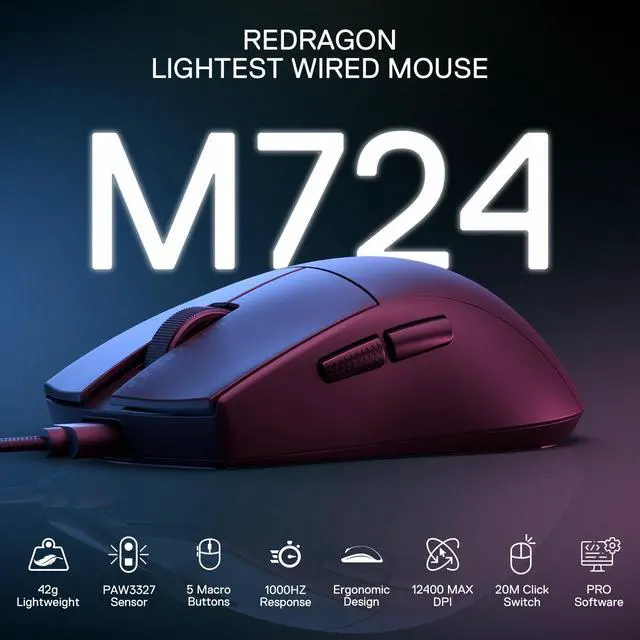 Alt view image 2 of 7 - M724 Wired Gaming Mouse, 42G Ultra-Light 12,400 Max DPI Optical Gaming Mouse with 5 Programmable Buttons, Ergonomic Natural Grip Build, Software Supports DIY Keybinds & DPI, Black