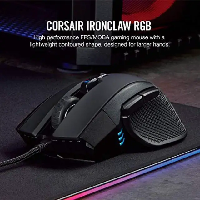 Alt view image 2 of 7 - IRONCLAW RGB Wired FPS/MOBA Gaming Mouse 18,000 DPI 7 Programmable Buttons Designed for Large Hands iCUE Compatible PC, Mac, PS5, PS4, Xbox Black
