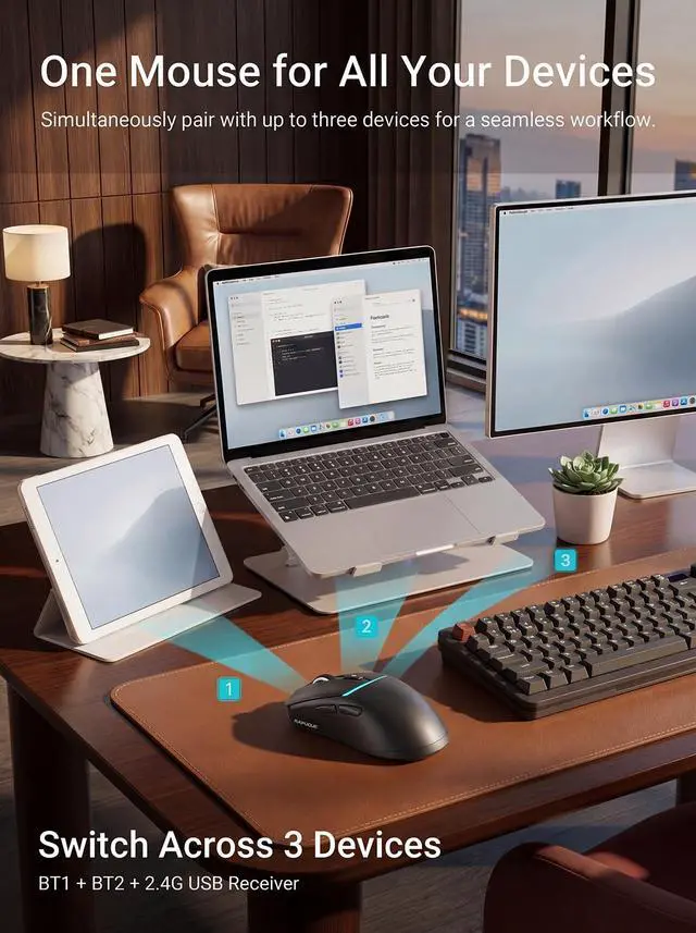 Alt view image 3 of 7 - Bluetooth Wireless Mouse, Dual Bluetooth + 2.4G, Black