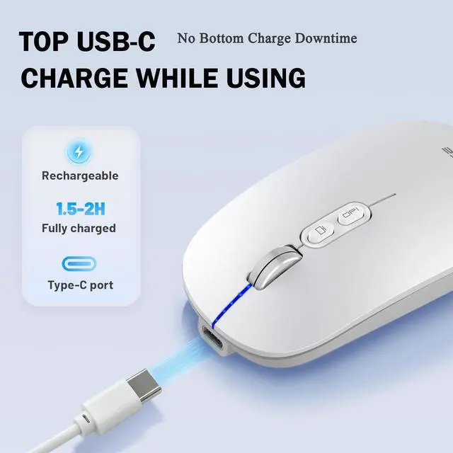 Alt view image 5 of 7 - Slim Wireless Mouse, Tri-Mode 2.4G/Bluetooth, Rechargeable Silver