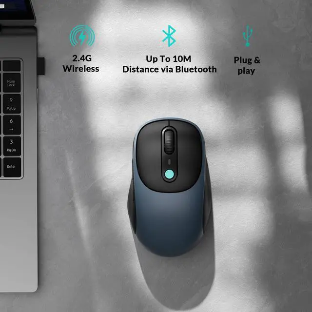 Alt view image 3 of 7 - BM24 Portable Wireless Mouse, 2400 DPI Quiet Clicks, 2.4 GHz/Bluetooth 5.2/Wired with Programmable Buttons, Long Battery Life for Laptop PC/Mac/Windows - Space Gray