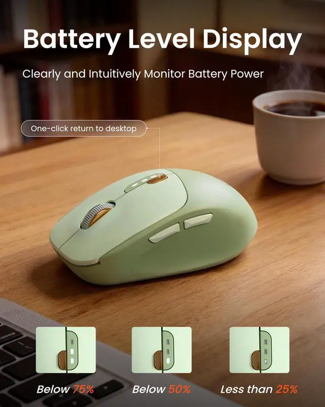 Alt view image 2 of 7 - Dual-Mode Wireless Mouse with Visible Battery Indicator, Silent Rechargeable Bluetooth & 2.4G Computer Mouse, 1600 DPI, One-Click Desktop Privacy Key, Portable Mice for Laptop/PC/Mac - Green
