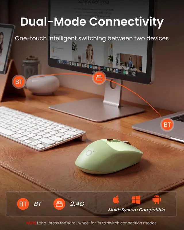 Alt view image 3 of 7 - Dual-Mode Wireless Mouse with Visible Battery Indicator, Silent Rechargeable Bluetooth & 2.4G Computer Mouse, 1600 DPI, One-Click Desktop Privacy Key, Portable Mice for Laptop/PC/Mac - Green