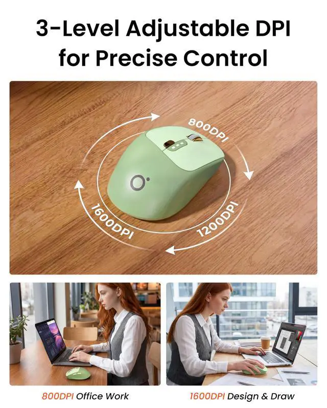 Alt view image 6 of 7 - Dual-Mode Wireless Mouse with Visible Battery Indicator, Silent Rechargeable Bluetooth & 2.4G Computer Mouse, 1600 DPI, One-Click Desktop Privacy Key, Portable Mice for Laptop/PC/Mac - Green