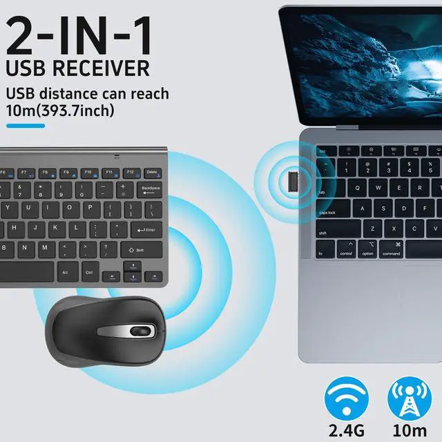 Alt view image 2 of 7 - Compact Wireless Keyboard Mouse Combo, Mini Portable Travel Keyboard and Silent Mouse Set with USB Receiver, Quiet Click, Small Size, Adjustable 2400 DPI for Computer, Laptop, PC, Windows, Mac - Grey