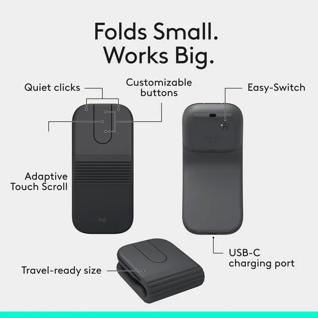 Alt view image 3 of 7 - Mobi Fold Foldable Wireless Mouse with Touch Scroll - Graphite