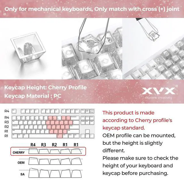 Alt view image 3 of 6 - XVX Blank Crystal Transparent Keycaps, PC Material Custom DIY Sweet Heart Keyboard Caps, Backlit Clear Glitter Candy Keycap Cherry Profile for MX Switches Mechanical Keyboard (21pcs)