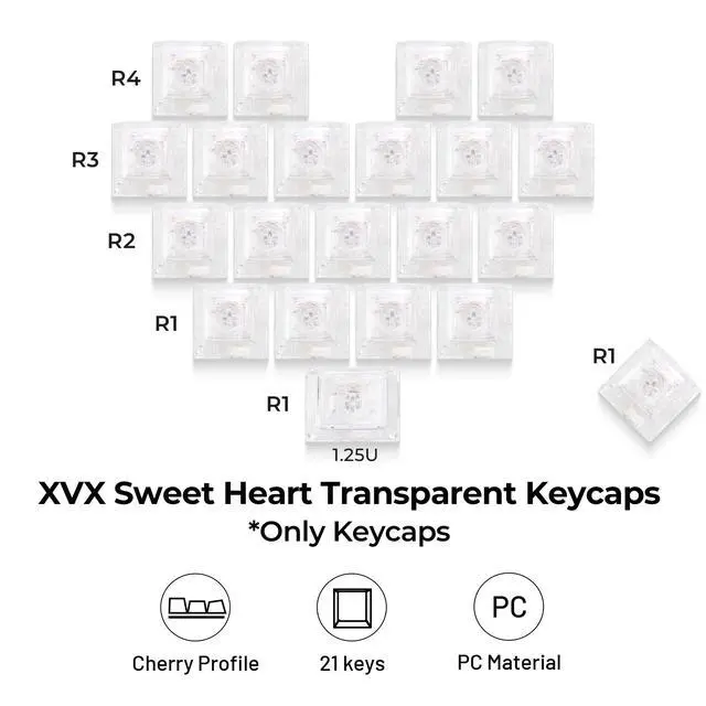 Alt view image 4 of 6 - XVX Blank Crystal Transparent Keycaps, PC Material Custom DIY Sweet Heart Keyboard Caps, Backlit Clear Glitter Candy Keycap Cherry Profile for MX Switches Mechanical Keyboard (21pcs)