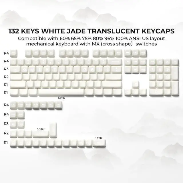 Alt view image 5 of 7 - XVX White Jade Keycaps, Double Shot PBT Keyboard Key caps 132 Keys MDA Profile Keycap Set Compatible with 60%/65%/75%/TKL/96%/100% US Layout Cherry MX Switches Mechanical Keyboard