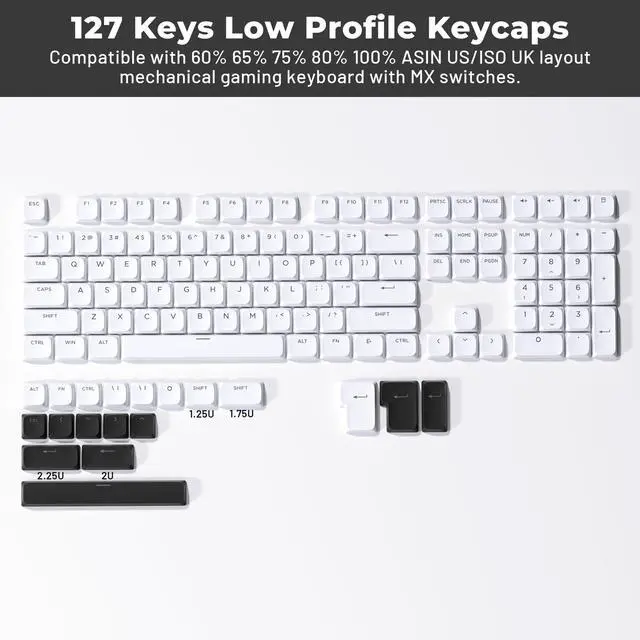 Alt view image 2 of 7 - XVX Low Profile White Keycaps, Shine Through Keycap Set, Double Shot PBT Key caps, Bow Keyboard Keycaps Compatibility for 60% 75% 80% 85% 100% MX Switches Mechanical Keyboard
