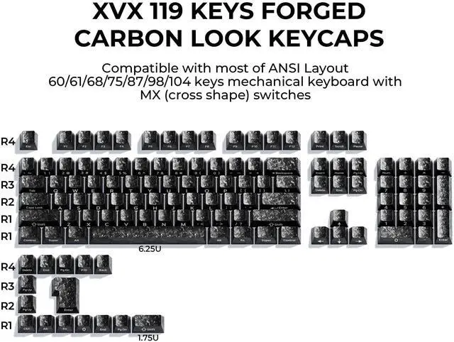 Alt view image 3 of 7 - XVX Black Keycaps, Forged Carbon-Look Cherry Profile Keycap Set, 119-Key Keyboard Keycaps Compatibility with ANSI Layout MX Switches Mechanical Keyboard