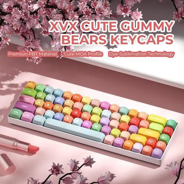 Alt view image 6 of 7 - XVX Cute PBT Keycaps, Rainbow Gummy Bear Keycap Set MOA Profile, Dye-Sublimation Keyboard Keycaps Suitable for 60% 65% 75% 80% 96% 100% Layout Mechanical Keyboard with MX Switches