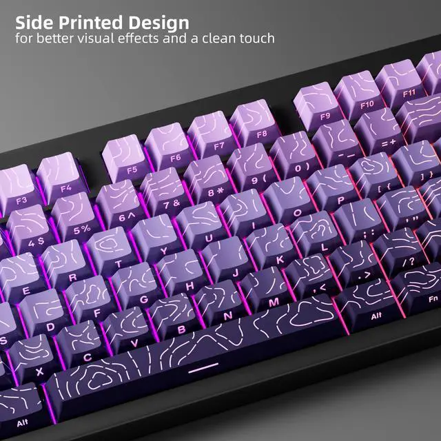 Alt view image 2 of 7 - Shine Through PBT Keycaps - Purple Gradient Topographic Backlit Keycaps Set 133 Keys 60 65 75 100 Percent Cherry Profile,Side Printed Double Shot RGB Key Caps for MX Switches Gaming Keyboard
