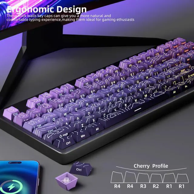 Alt view image 4 of 7 - Shine Through PBT Keycaps - Purple Gradient Topographic Backlit Keycaps Set 133 Keys 60 65 75 100 Percent Cherry Profile,Side Printed Double Shot RGB Key Caps for MX Switches Gaming Keyboard