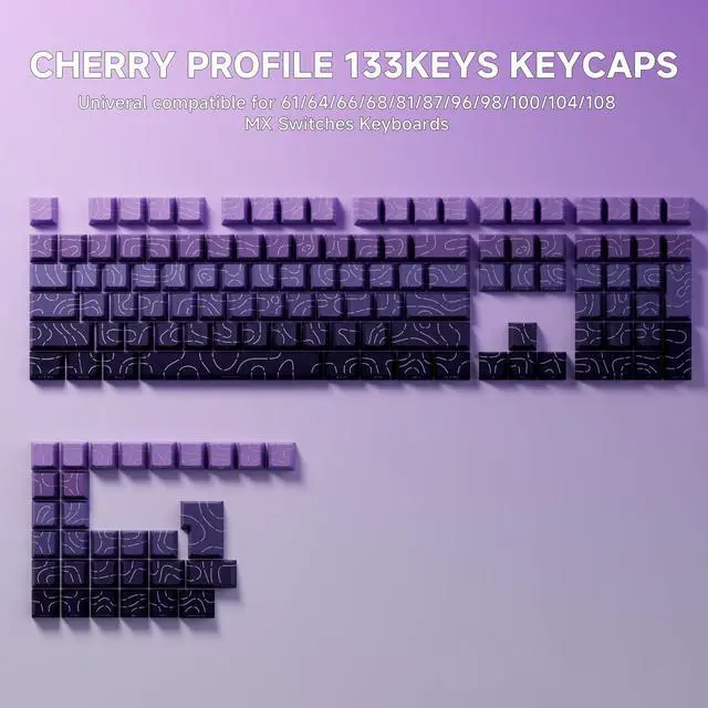 Alt view image 6 of 7 - Shine Through PBT Keycaps - Purple Gradient Topographic Backlit Keycaps Set 133 Keys 60 65 75 100 Percent Cherry Profile,Side Printed Double Shot RGB Key Caps for MX Switches Gaming Keyboard