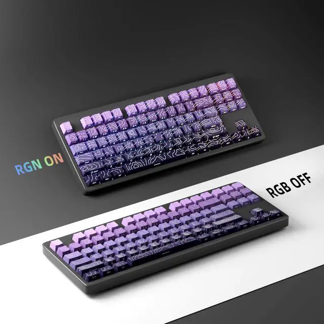 Alt view image 5 of 7 - Shine Through PBT Keycaps - Purple Gradient Topographic Backlit Keycaps Set 133 Keys 60 65 75 100 Percent Cherry Profile,Side Printed Double Shot RGB Key Caps for MX Switches Gaming Keyboard