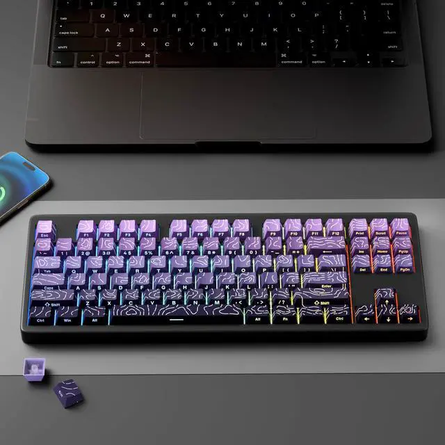 Alt view image 7 of 7 - Shine Through PBT Keycaps - Purple Gradient Topographic Backlit Keycaps Set 133 Keys 60 65 75 100 Percent Cherry Profile,Side Printed Double Shot RGB Key Caps for MX Switches Gaming Keyboard