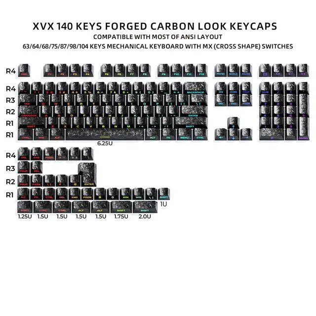 Alt view image 4 of 7 - XVX Black Shine Through Keycaps, Forged Carbon-Look Cherry Profile Keycap Set, 140-Key Side Printed Keycaps Fit for ANSI Layout MX Switches Mechanical Keyboard