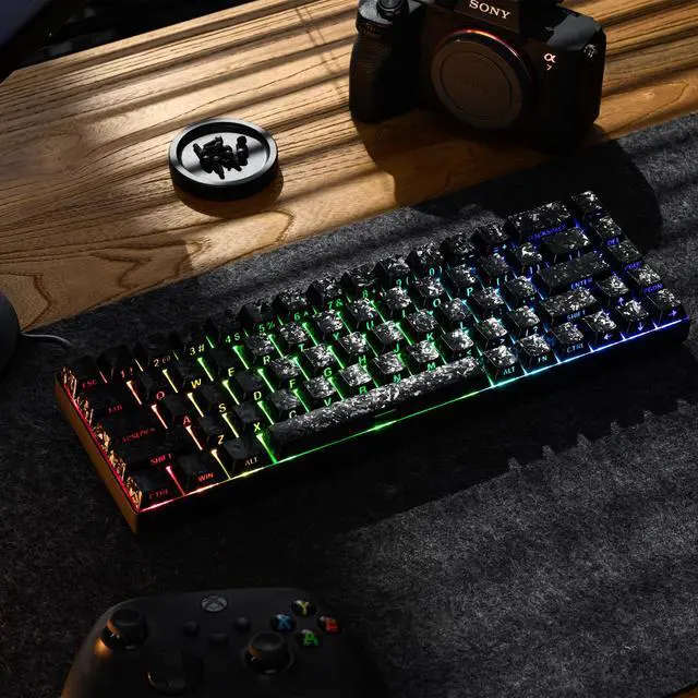 Alt view image 7 of 7 - XVX Black Shine Through Keycaps, Forged Carbon-Look Cherry Profile Keycap Set, 140-Key Side Printed Keycaps Fit for ANSI Layout MX Switches Mechanical Keyboard