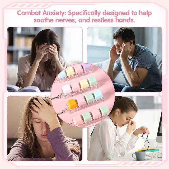 Alt view image 7 of 7 - 12 Pcs Keyboard Fidget Keychain Keycap Stress Relief Fidget Keyboard Clicker for Office Gifts Adults ( 4 keys )