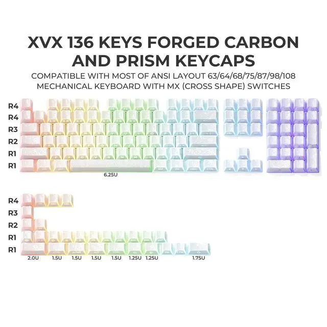 Alt view image 2 of 7 - XVX White Shine Through Keycaps, PBT Keyboard Keycaps Cherry Profile