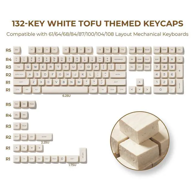 Alt view image 3 of 6 - XVX Creamy PBT Keycaps -Tofu Block Themed 132 Keys MDA Profile Doubleshot Keycap Set | Universal Compatibility for MX-Style Switches Mechanical Keyboards-Creamy White
