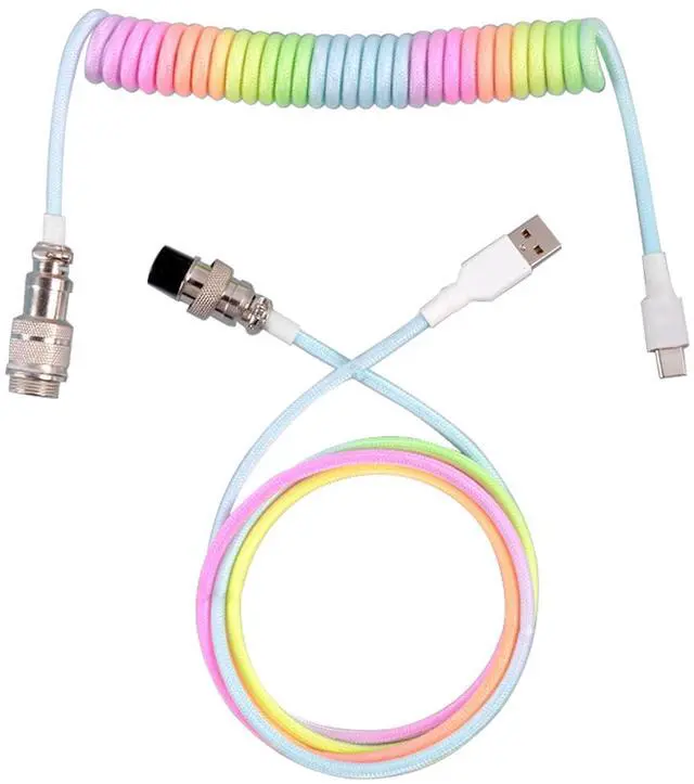 Main image of Coiled USB C Keyboard Cable for Gaming Keyboard, Double-Sleeved Mechanical Keyboard Cable with Detachable Metal Aviator, 1.5M USB-C to USB-A(Rainbow)