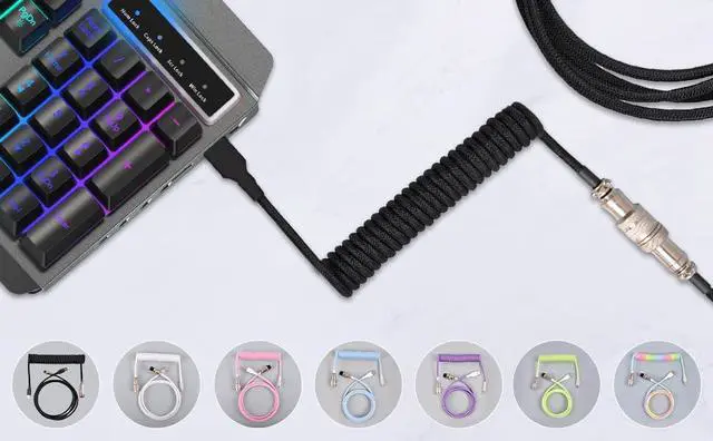 Alt view image 2 of 7 - Coiled USB C Keyboard Cable for Gaming Keyboard, Double-Sleeved Mechanical Keyboard Cable with Detachable Metal Aviator, 1.5M USB-C to USB-A(Rainbow)