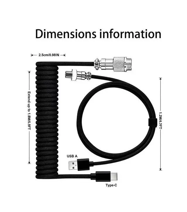 Alt view image 3 of 7 - Custom Coiled USB C Cable for Gaming Keyboard, Double-Sleeved Mechanical Keyboard Cable with Detachable Metal Aviator,USB-C to USB-A (1.8 M,Black)