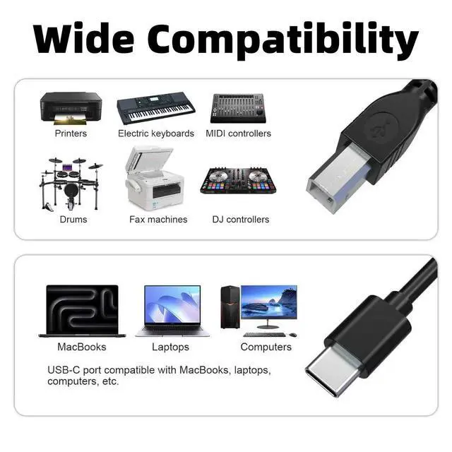 Alt view image 3 of 6 - 10FT USB B to USB Type C Printer Cable Type B to Type C Printer PC Cord for MacBook Pro, Air, MIDI Cable for Yamaha Casio Digital Piano, MIDI Keyboard, Printer Scanner Cord for HP Canon Brother Epson