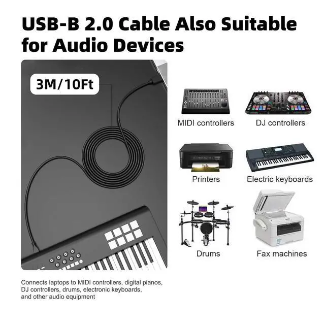 Alt view image 4 of 6 - 10FT USB B to USB Type C Printer Cable Type B to Type C Printer PC Cord for MacBook Pro, Air, MIDI Cable for Yamaha Casio Digital Piano, MIDI Keyboard, Printer Scanner Cord for HP Canon Brother Epson
