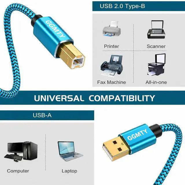 Alt view image 2 of 7 - 15ft USB Printer Cable, Extra Long Nylon Braided USB 2.0 Type A to B Male Cord with Gold-Plated Connectors, High Speed Data Transfer Scanner Wire for HP, Canon, Epson, Midi Keyboard & DAC (Blue)