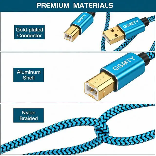 Alt view image 6 of 7 - 15ft USB Printer Cable, Extra Long Nylon Braided USB 2.0 Type A to B Male Cord with Gold-Plated Connectors, High Speed Data Transfer Scanner Wire for HP, Canon, Epson, Midi Keyboard & DAC (Blue)
