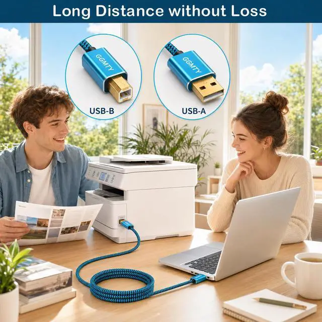 Alt view image 7 of 7 - 15ft USB Printer Cable, Extra Long Nylon Braided USB 2.0 Type A to B Male Cord with Gold-Plated Connectors, High Speed Data Transfer Scanner Wire for HP, Canon, Epson, Midi Keyboard & DAC (Blue)