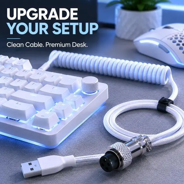 Alt view image 2 of 7 - 1.5m Coiled Keyboard Cable,USB C to USB A TPU Cable, Detachable Metal Aviator Plug,Mechanical Gaming Keyboard Cord, White, High-Speed Data Transmission & Durable
