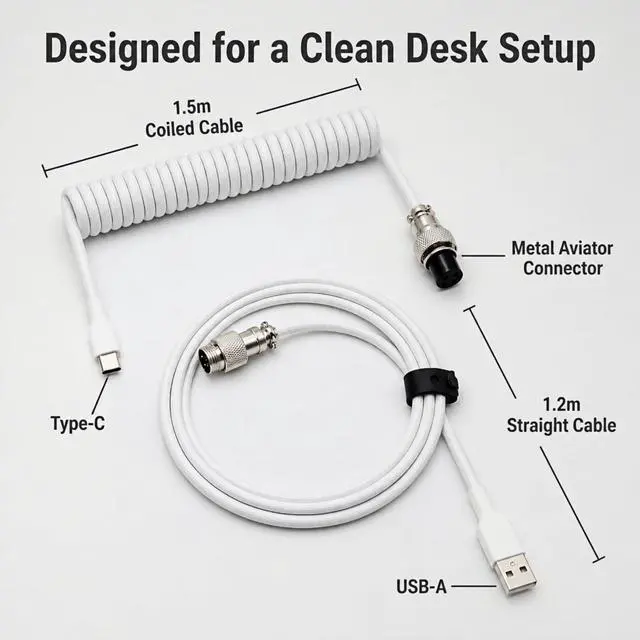 Alt view image 3 of 7 - 1.5m Coiled Keyboard Cable,USB C to USB A TPU Cable, Detachable Metal Aviator Plug,Mechanical Gaming Keyboard Cord, White, High-Speed Data Transmission & Durable