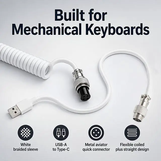 Alt view image 4 of 7 - 1.5m Coiled Keyboard Cable,USB C to USB A TPU Cable, Detachable Metal Aviator Plug,Mechanical Gaming Keyboard Cord, White, High-Speed Data Transmission & Durable