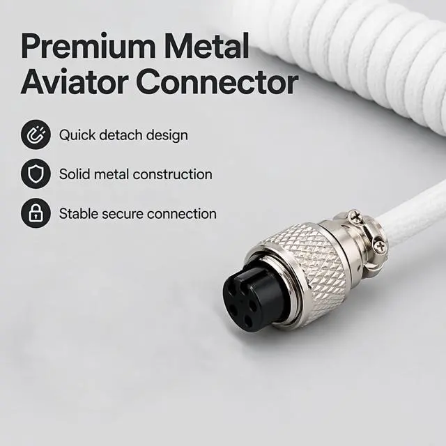 Alt view image 6 of 7 - 1.5m Coiled Keyboard Cable,USB C to USB A TPU Cable, Detachable Metal Aviator Plug,Mechanical Gaming Keyboard Cord, White, High-Speed Data Transmission & Durable