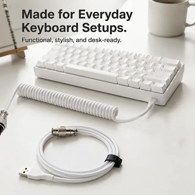 Alt view image 7 of 7 - 1.5m Coiled Keyboard Cable,USB C to USB A TPU Cable, Detachable Metal Aviator Plug,Mechanical Gaming Keyboard Cord, White, High-Speed Data Transmission & Durable
