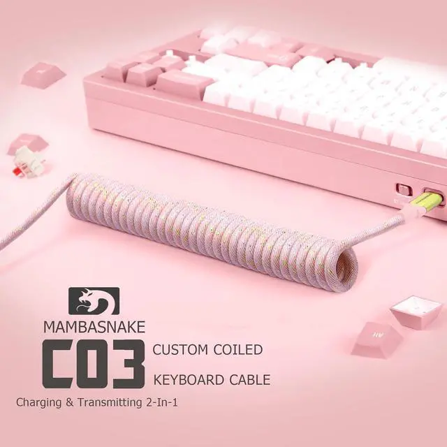 Alt view image 2 of 7 - Custom Coiled USB C to A Cable for Gaming Keyboard,Double-Sleeved Starlight Braided Cable with Detachable Metal Aviator 24K Gold Connector 1.7M-2.2M for Phone/PS4/Android/Xbox-(Pink)