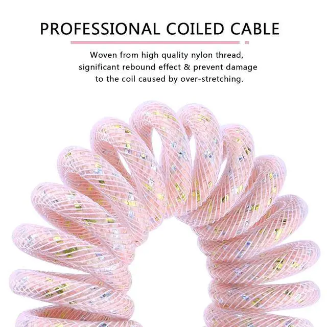 Alt view image 3 of 7 - Custom Coiled USB C to A Cable for Gaming Keyboard,Double-Sleeved Starlight Braided Cable with Detachable Metal Aviator 24K Gold Connector 1.7M-2.2M for Phone/PS4/Android/Xbox-(Pink)