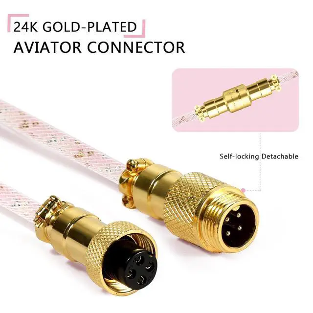 Alt view image 4 of 7 - Custom Coiled USB C to A Cable for Gaming Keyboard,Double-Sleeved Starlight Braided Cable with Detachable Metal Aviator 24K Gold Connector 1.7M-2.2M for Phone/PS4/Android/Xbox-(Pink)