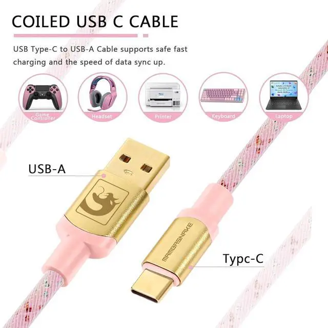 Alt view image 5 of 7 - Custom Coiled USB C to A Cable for Gaming Keyboard,Double-Sleeved Starlight Braided Cable with Detachable Metal Aviator 24K Gold Connector 1.7M-2.2M for Phone/PS4/Android/Xbox-(Pink)