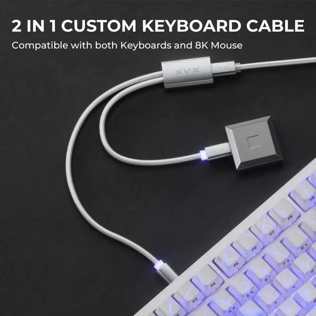 Alt view image 2 of 7 - XVX Keyboard Cable, 2-in-1 USB C to USB A Cable for Mechanical Gaming Keyboard, LED Aviator Cable, with CNC Metal Connector for Custom Keyboards and 8K Mouse, 1.8M, White