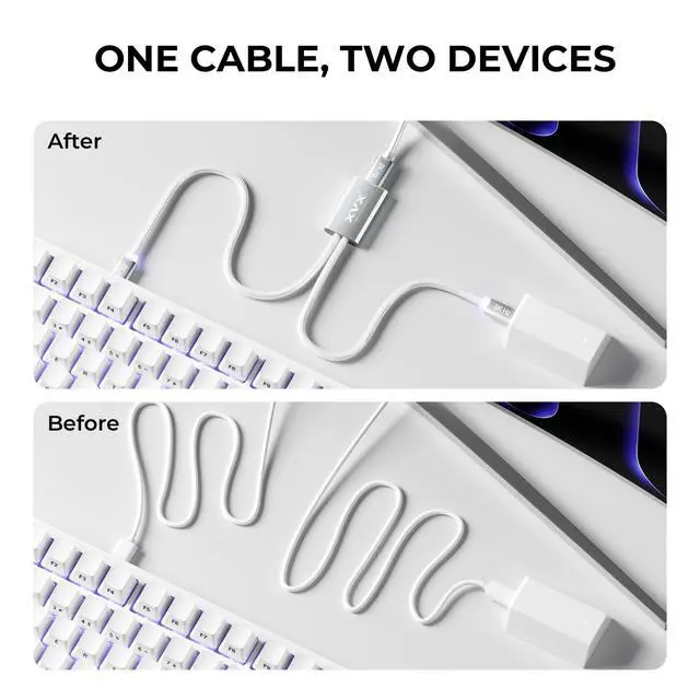 Alt view image 3 of 7 - XVX Keyboard Cable, 2-in-1 USB C to USB A Cable for Mechanical Gaming Keyboard, LED Aviator Cable, with CNC Metal Connector for Custom Keyboards and 8K Mouse, 1.8M, White