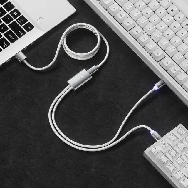 Alt view image 4 of 7 - XVX Keyboard Cable, 2-in-1 USB C to USB A Cable for Mechanical Gaming Keyboard, LED Aviator Cable, with CNC Metal Connector for Custom Keyboards and 8K Mouse, 1.8M, White