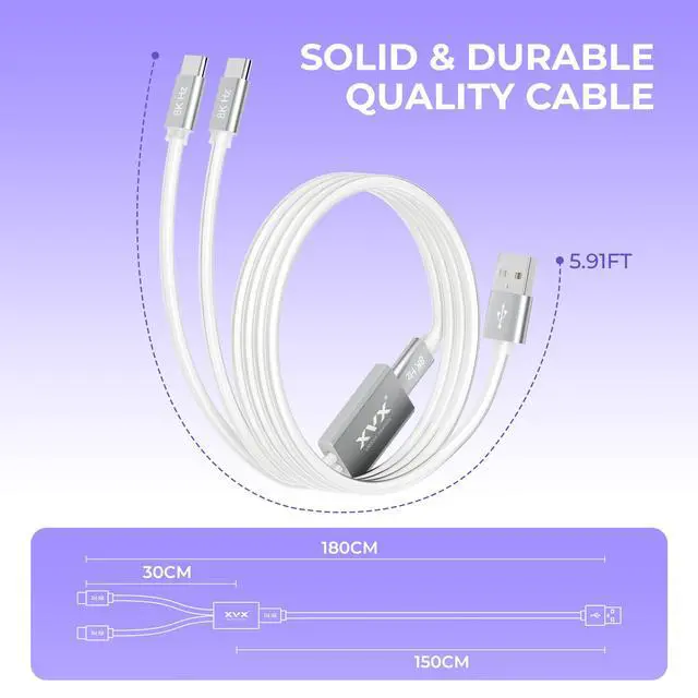Alt view image 5 of 7 - XVX Keyboard Cable, 2-in-1 USB C to USB A Cable for Mechanical Gaming Keyboard, LED Aviator Cable, with CNC Metal Connector for Custom Keyboards and 8K Mouse, 1.8M, White