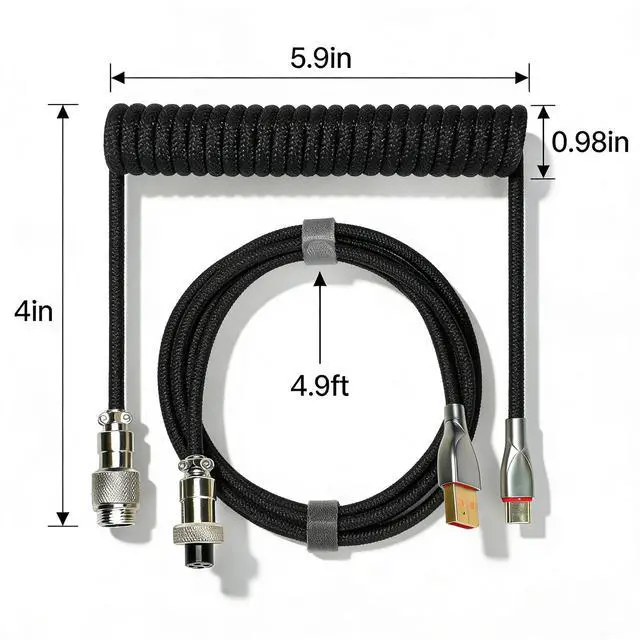 Alt view image 2 of 7 - Type-C Coiled Cable for Gaming Keyboard,Double-Sleeved Mechanical Keyboard Cable with Detachable Metal Aviator Connector,1.5M USB C to USB A. (Black)