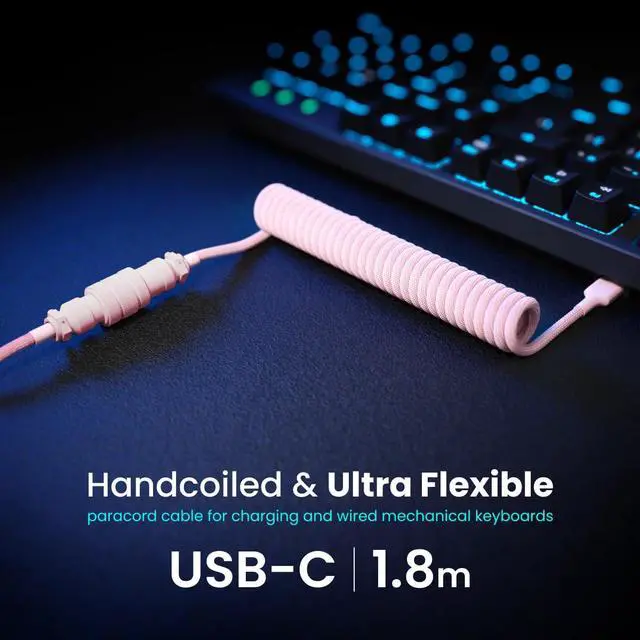 Alt view image 2 of 5 - Ultra Custom Coiled Aviator USB C Cable for Gaming Keyboard, Double-Sleeved Mechanical Keyboard Cable with Detachable Metal Aviator, 1.8M USB-A to USB-C, Pink Color (Premium Pink)